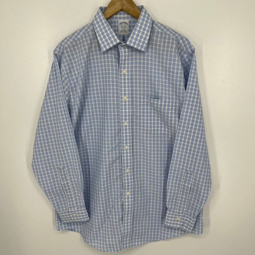 Brooks Brothers‎ Regent Mens 16.5 34 Blue White Gingham Non-Iron Dress Shirt